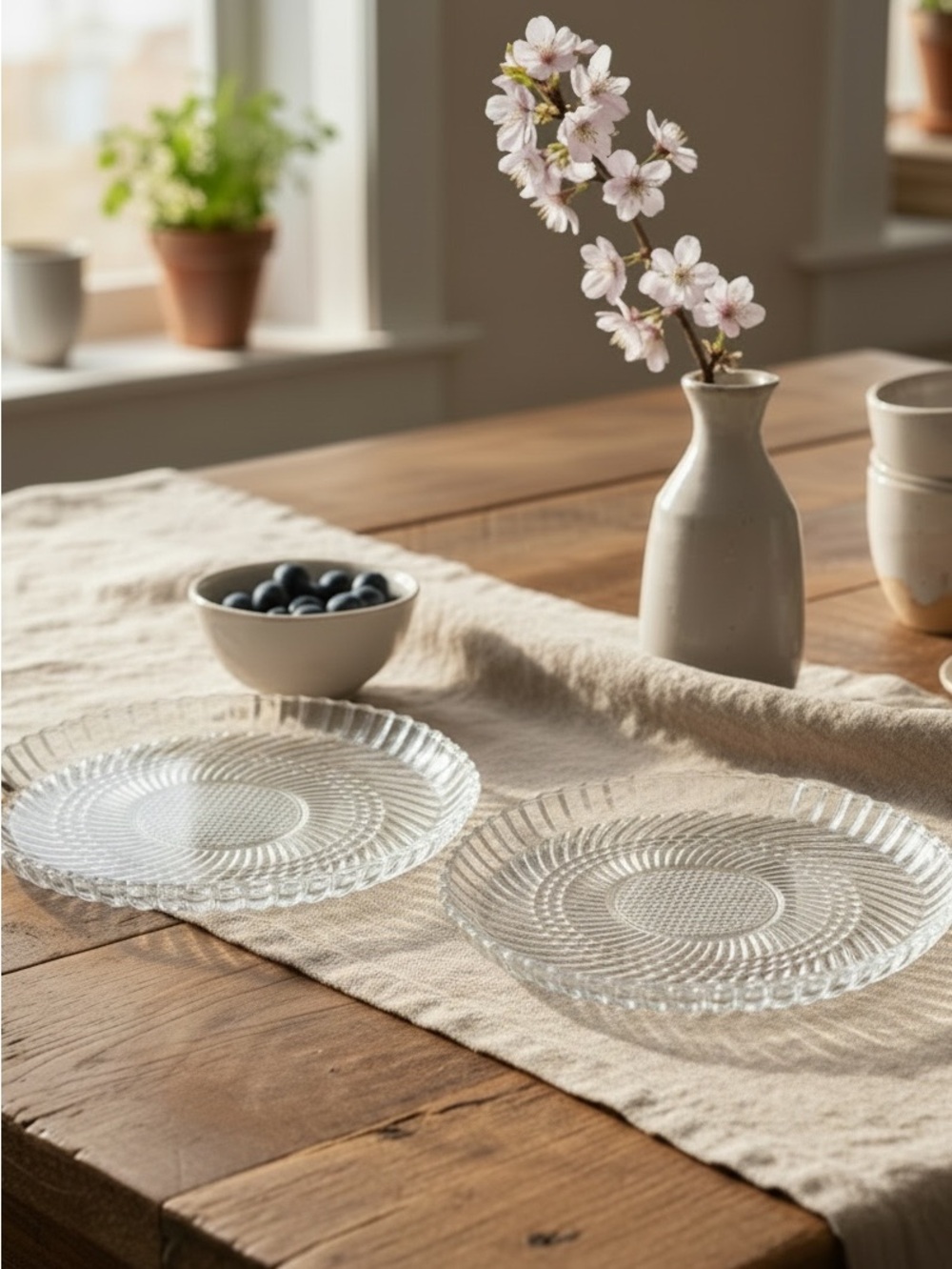 Vintage Libbey 5331 Clear Glass Swirl Block Design Giftware Round Dish Plates